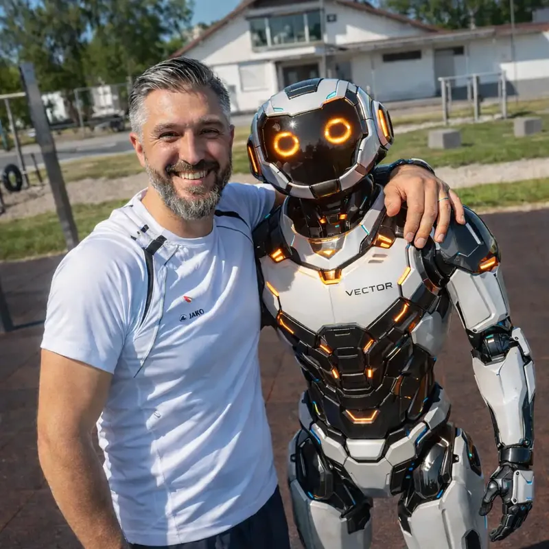 Max Karastelev und Vector, sein KI-Assistent mit orangenen Augen — das Team hinter maxone.one