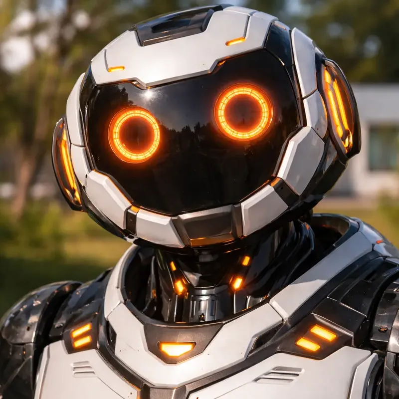 Vector KI-Assistent Close-up — orangene Augen, futuristisches Design, der digitale Mitarbeiter von maxone.one